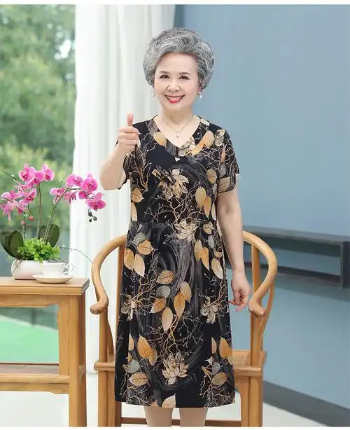 新款中老年人奶奶夏装纯绵绸连衣裙女裙子中长款妈妈短袖60岁长裙宽松