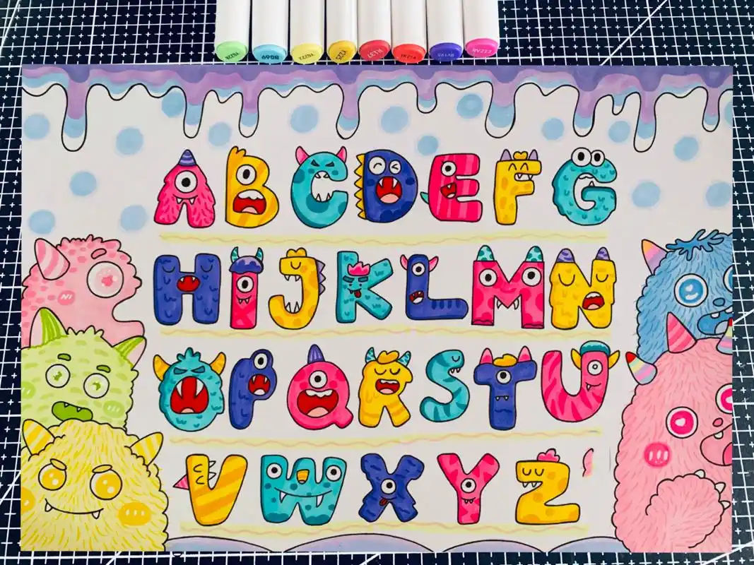 26个字母创意画,字母小报  小怪兽系列字母创意画来啦09 线稿电子版