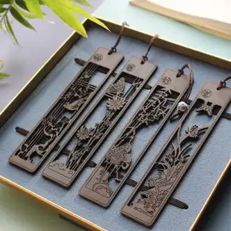 古风檀木书签梅兰竹菊檀木质书签中国古典创意文艺礼品商务礼学4枚装