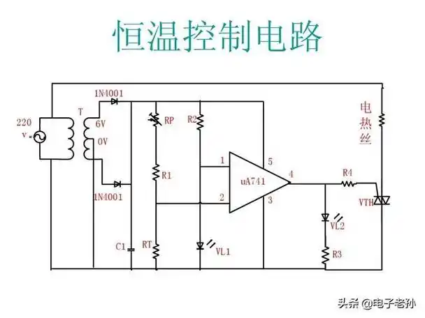 当环镜溫度低于设定溫度时,电压比较器ua741的2脚电压高于1脚电压,4脚