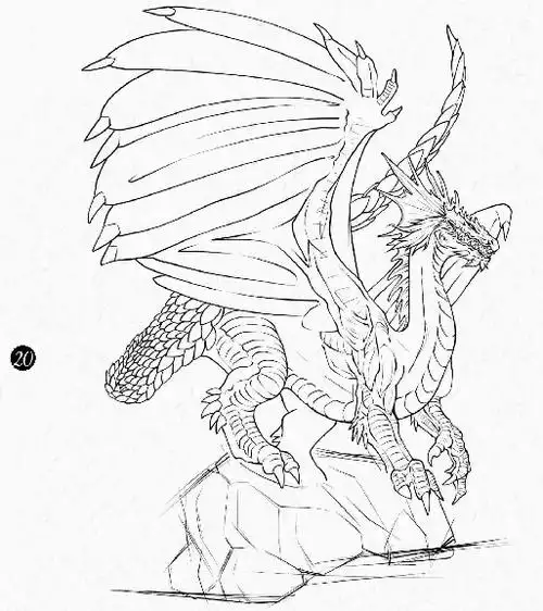20观察整张线稿,补充缺失的细节,另一条腿画在火龙背侧.